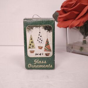 Vtg Fused Glass Xmas Ornaments Set Trees & Santa Retro Art Deco Boho 90s